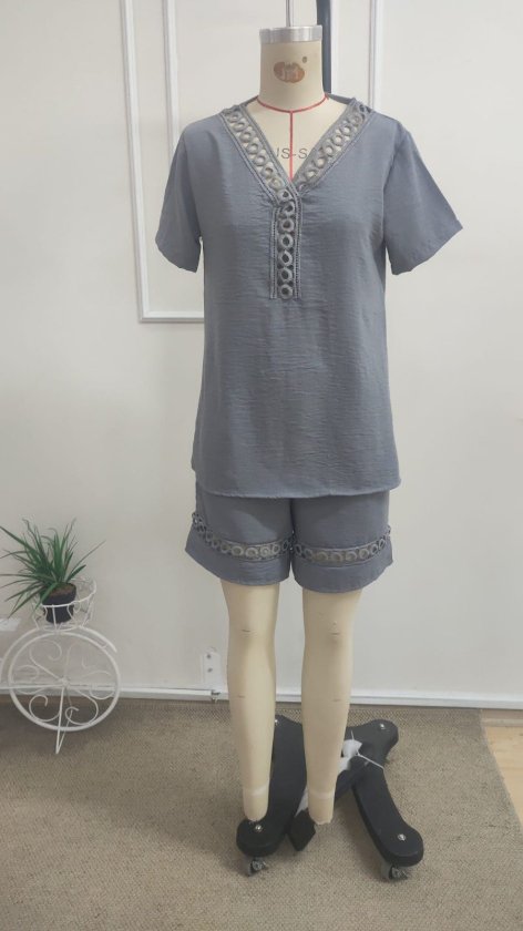Kadın Kısa Kollu V Yakalı Bluz Ve Short Ikili Takım, 35724