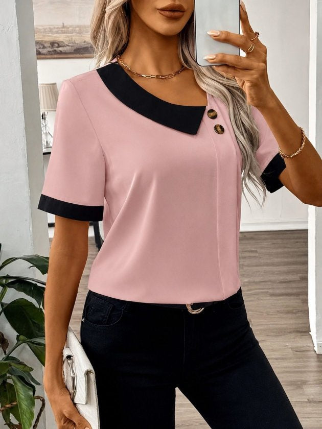 Kadın Kısa Kollu Asımetrik Yaka Detaylı Düğmeli Dubai Bluz, 35798