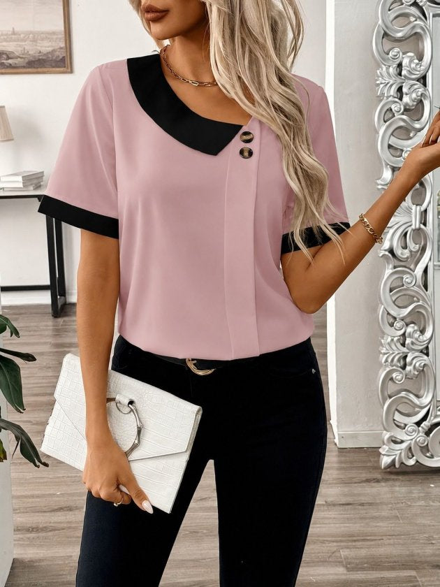 Kadın Kısa Kollu Asımetrik Yaka Detaylı Düğmeli Dubai Bluz, 35798