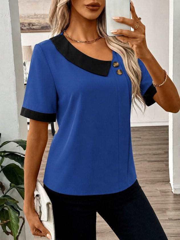 Kadın Kısa Kollu Asımetrik Yaka Detaylı Düğmeli Dubai Bluz, 35799