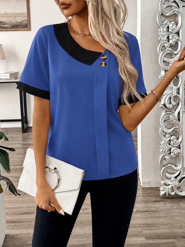 Kadın Kısa Kollu Asımetrik Yaka Detaylı Düğmeli Dubai Bluz, 35799