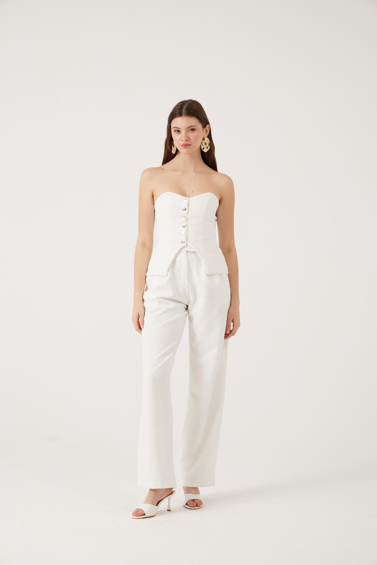 Palazzo Kesim Geniş Paça Harvey Pantolon Beyaz Beyaz L