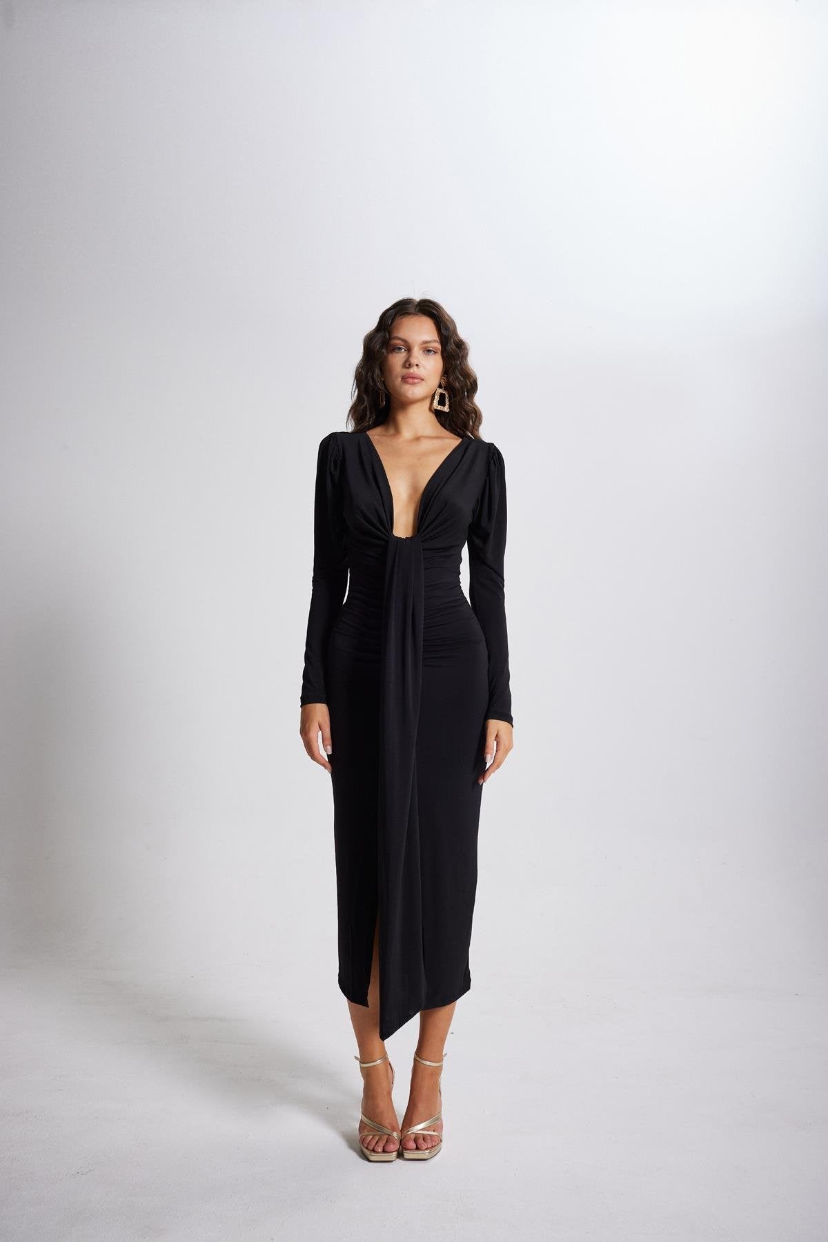 V Yaka Karpuz Kol Maxi Moonlight Elbise Siyah