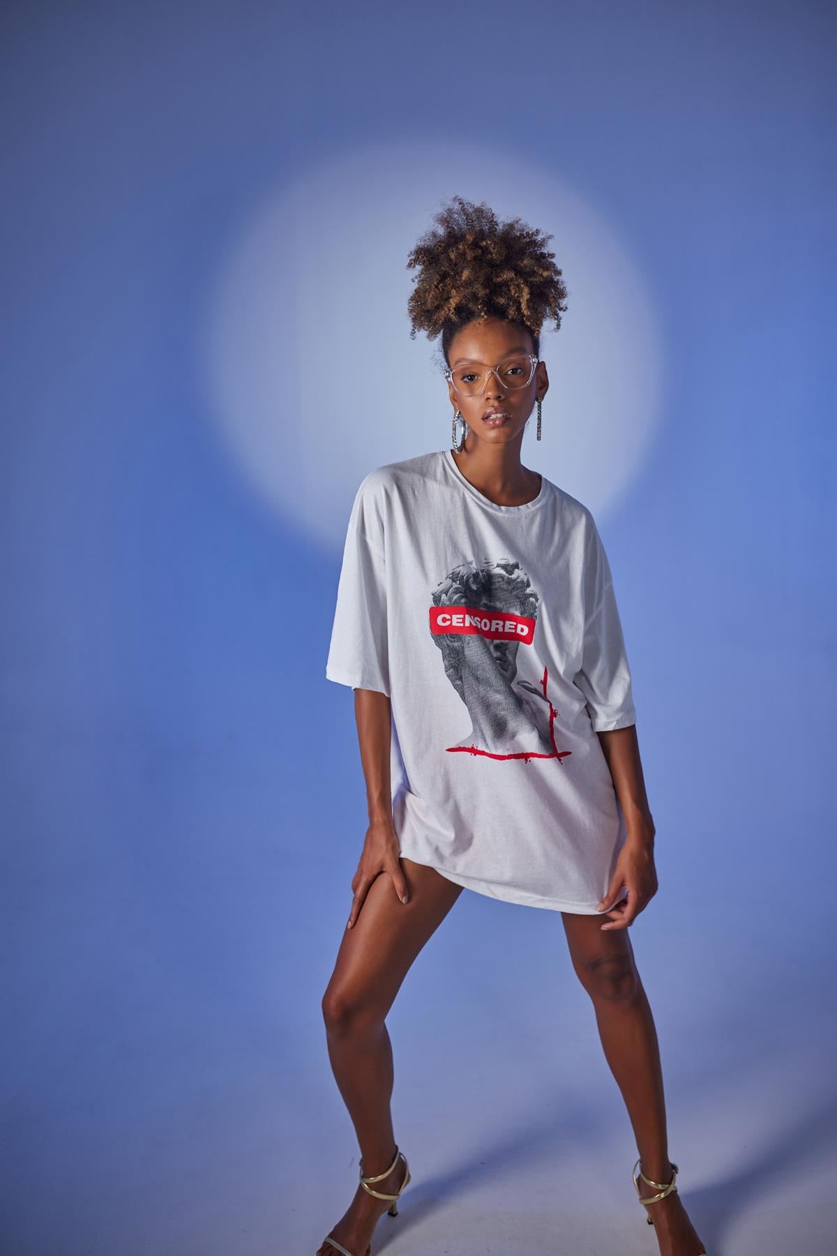 Oversize Baskılı Censored T-Shirt Beyaz