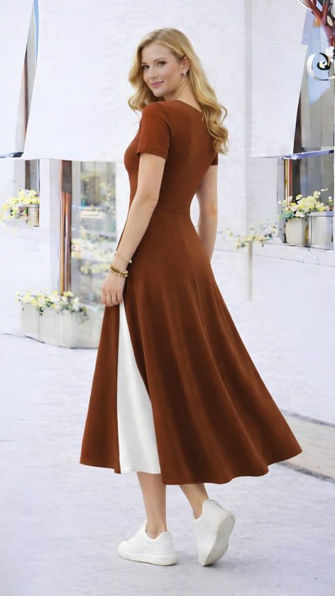 Women's Short Sleeve Asymmetric Collar Button Detail Midi Viscose Dress