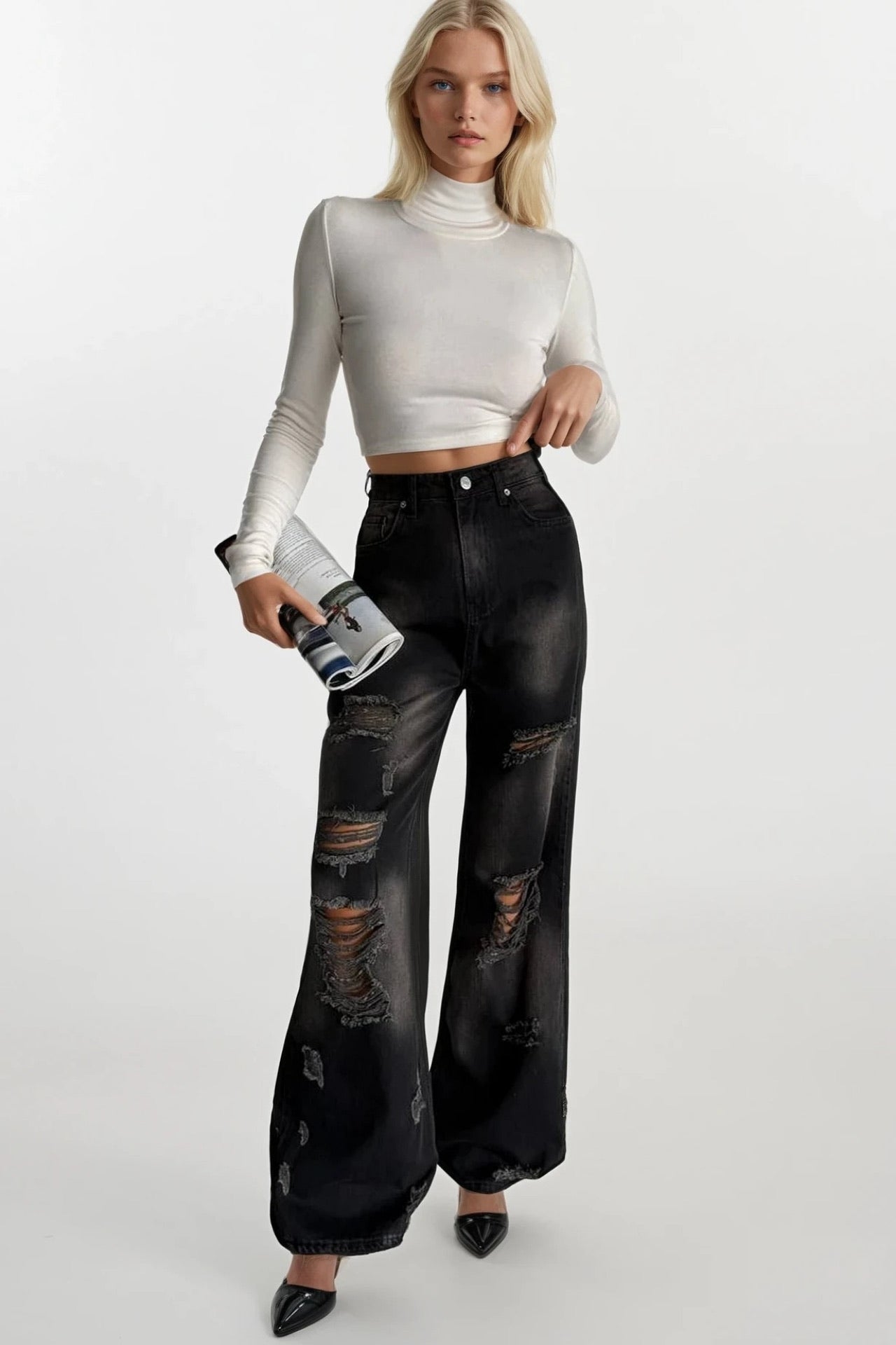 Lazer Kesim Wide Leg Yüksek Bel Siyah Jean