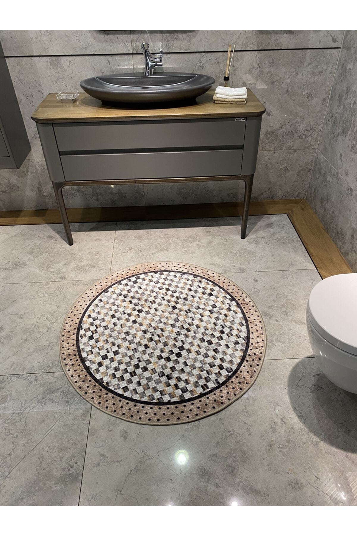 Robert Mavi Dama Desen Saçaksız Yuvarlak Banyo Paspası - Mavi Ebat 100x100