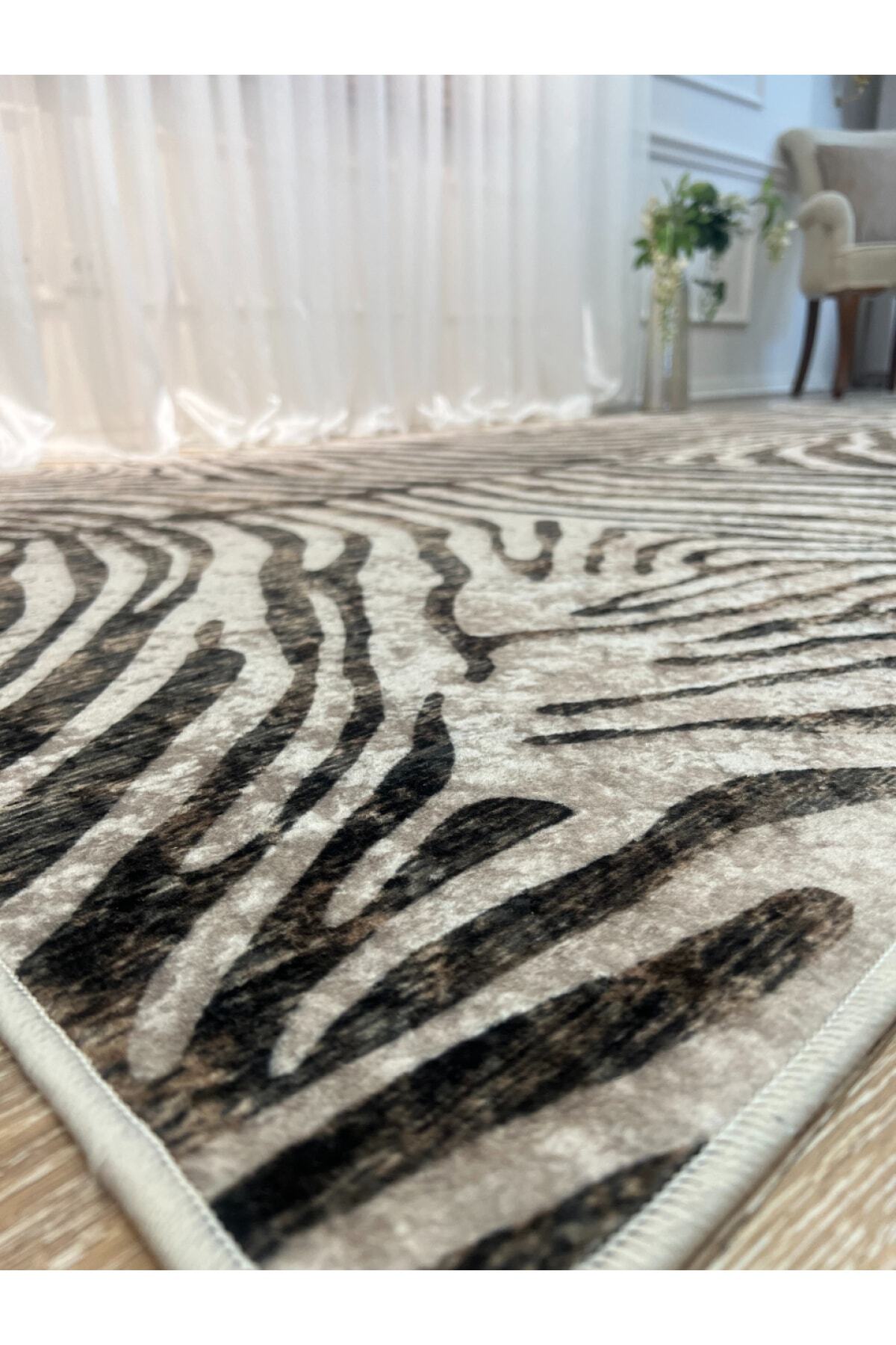 Zebra Desenli Yuvarlak Siyah - Gri Dekoratif Halı