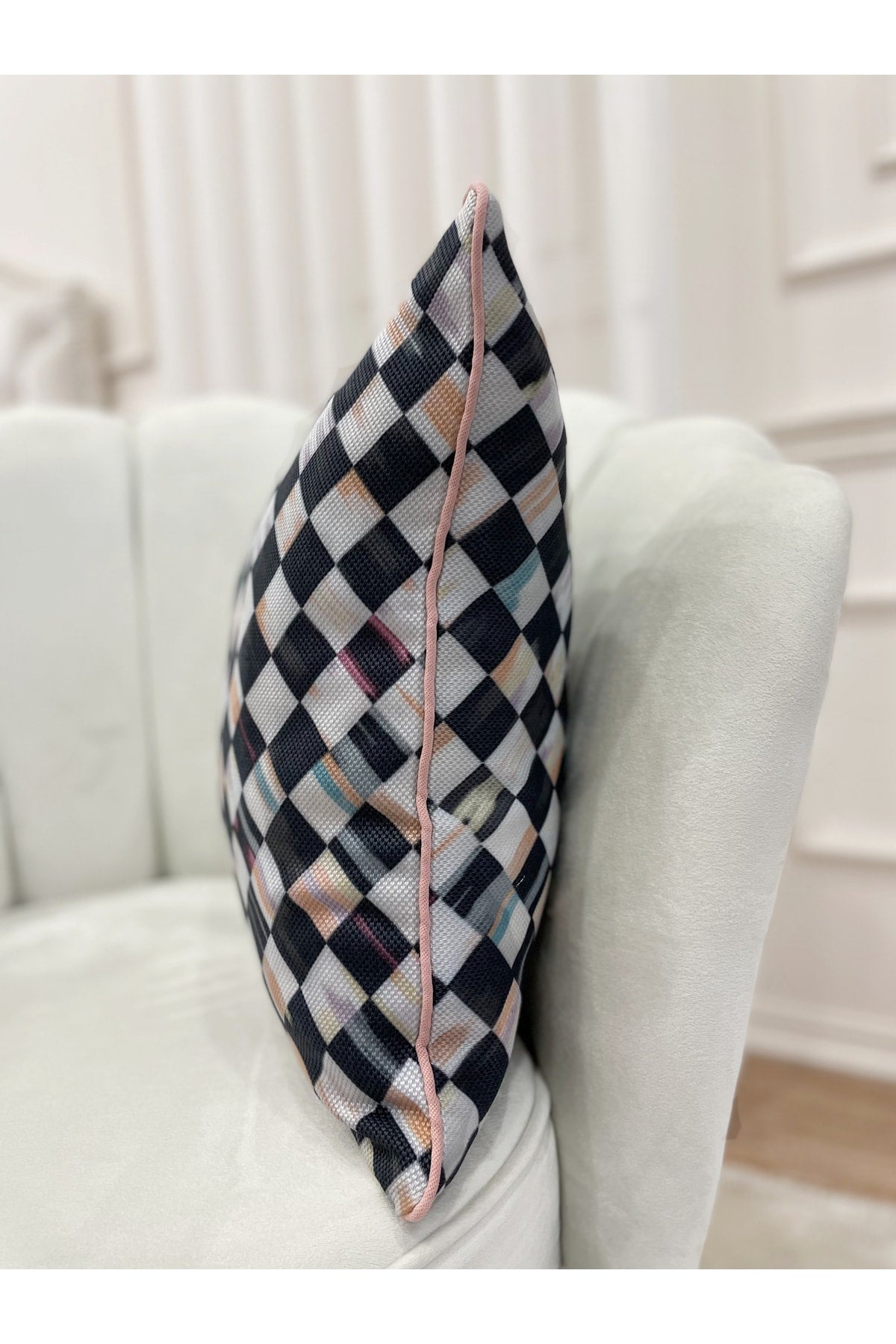 Damalı Keten Görünümlü Kenar Biyeli Kırlent Kılıfı (45x45)