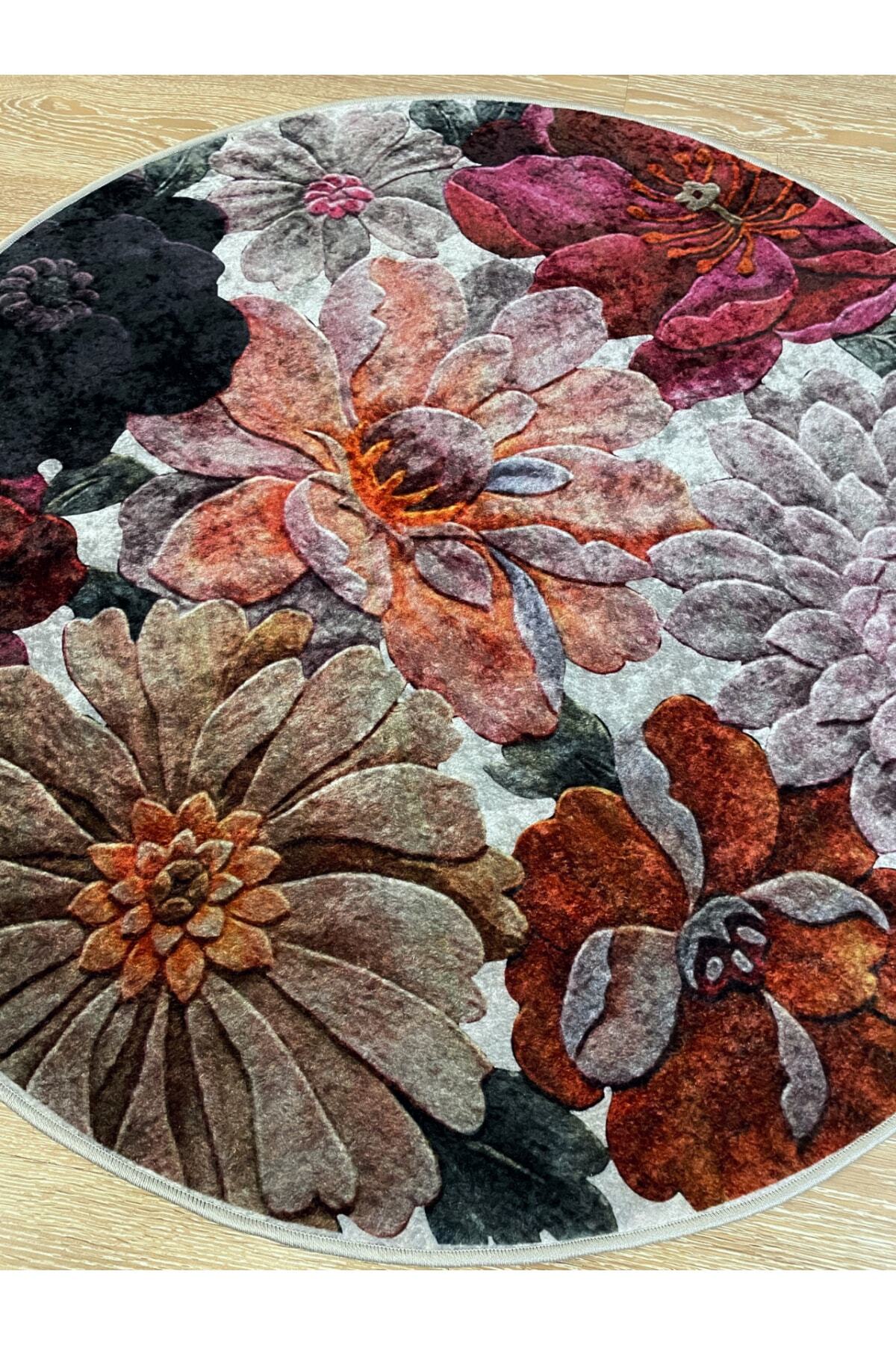 Çiçek Desenli Dekoratif Yıkanabilir Yuvarlak Halı - Gri
