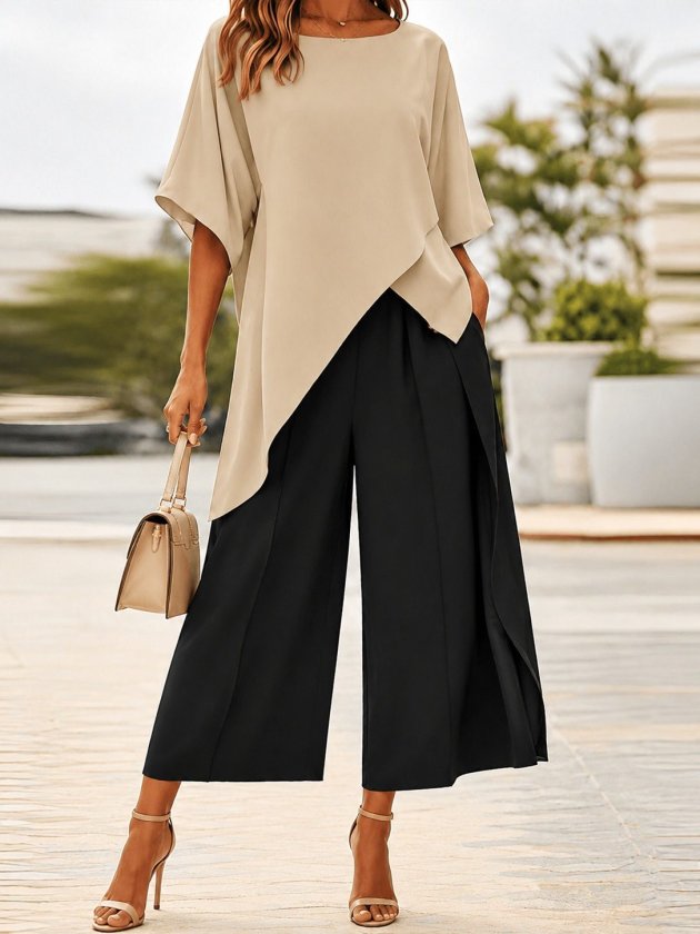 Women’s Short-Sleeve, Round-Neck Dubai Blouse with Asymmetrical Front Cut Detail and High-Waisted Wide-Leg Janjan Crepe Trousers Two-Piece Set