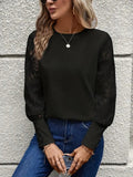 Women's Long Sleeve Crew Neck Waffle Blouse with Floral Sleeves
