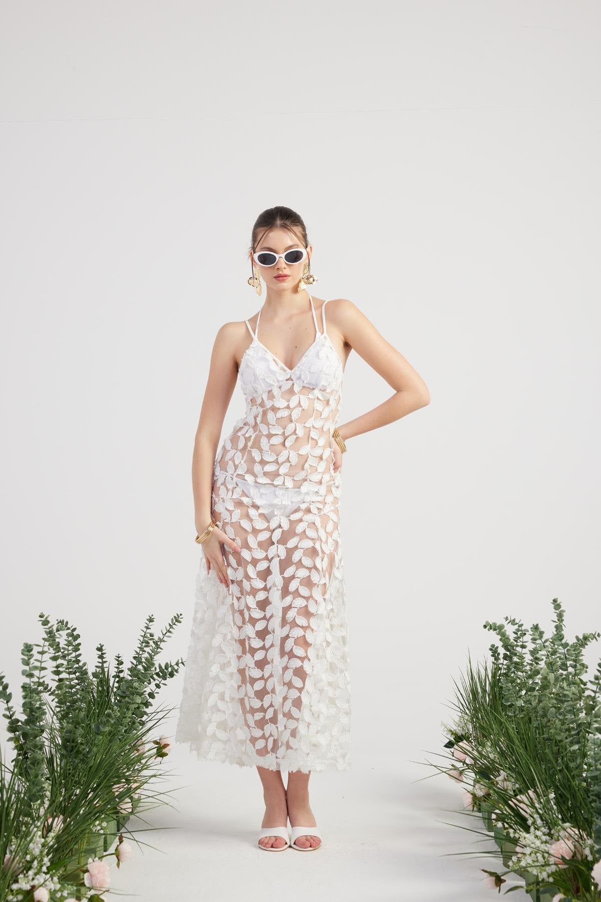 Özel Yapım Yaprak Kumaşlı Uzun Beatriz Elbise Beyaz Beyaz L