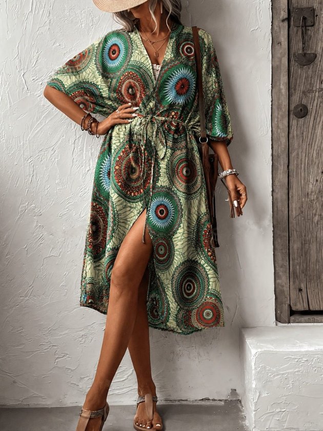 Kadın Kısa Kollu önü Açık Belden Kuşaklı Uzun Kimono