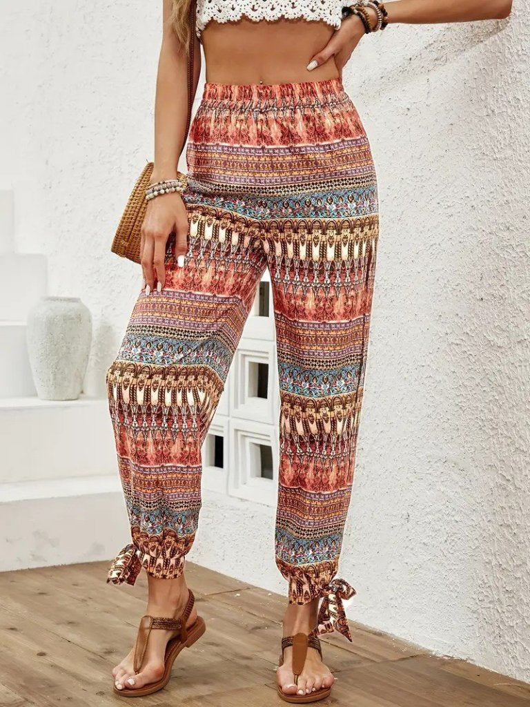 Women's High-Waisted Patterned Crinkled Pants with Side Slits