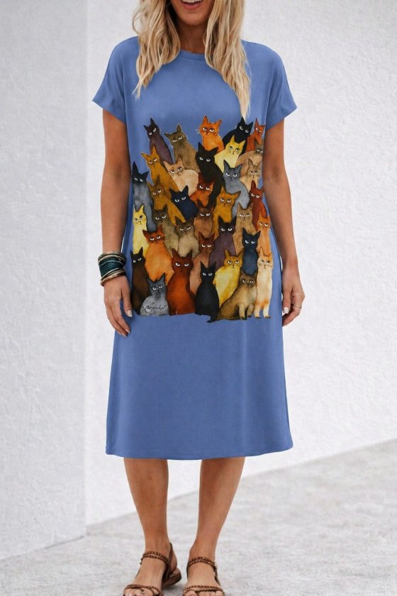 Short-Sleeve Crew-Neck Cat-Print Midi Viscose Dress