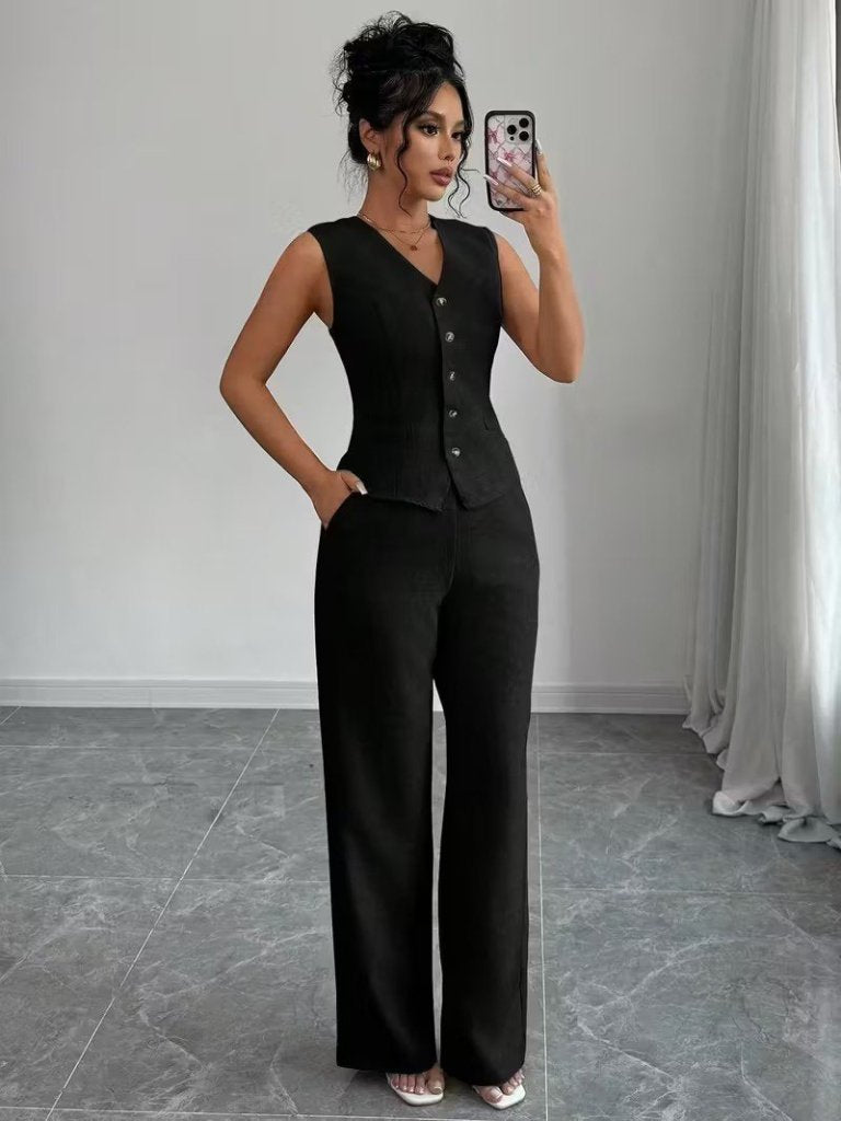 Kadın Askılı önden Düğmeli Bluz Ve Pantolon Keten Ikili Takım
