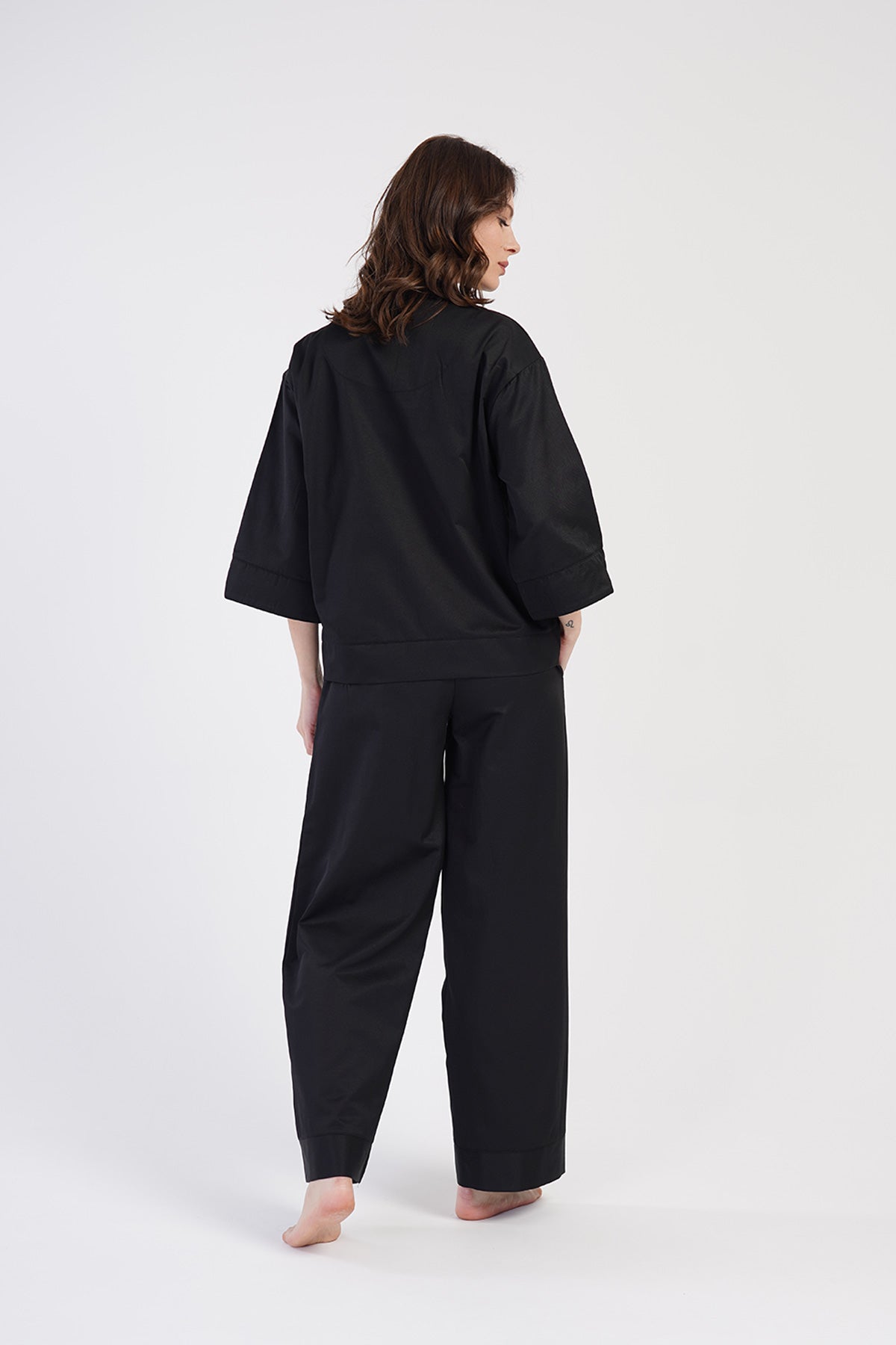 KADIN OXFORD GOMLEK YAKA TAMAMI DUGMELI 7/8KOL CEPLI PIJAMA TAKIM