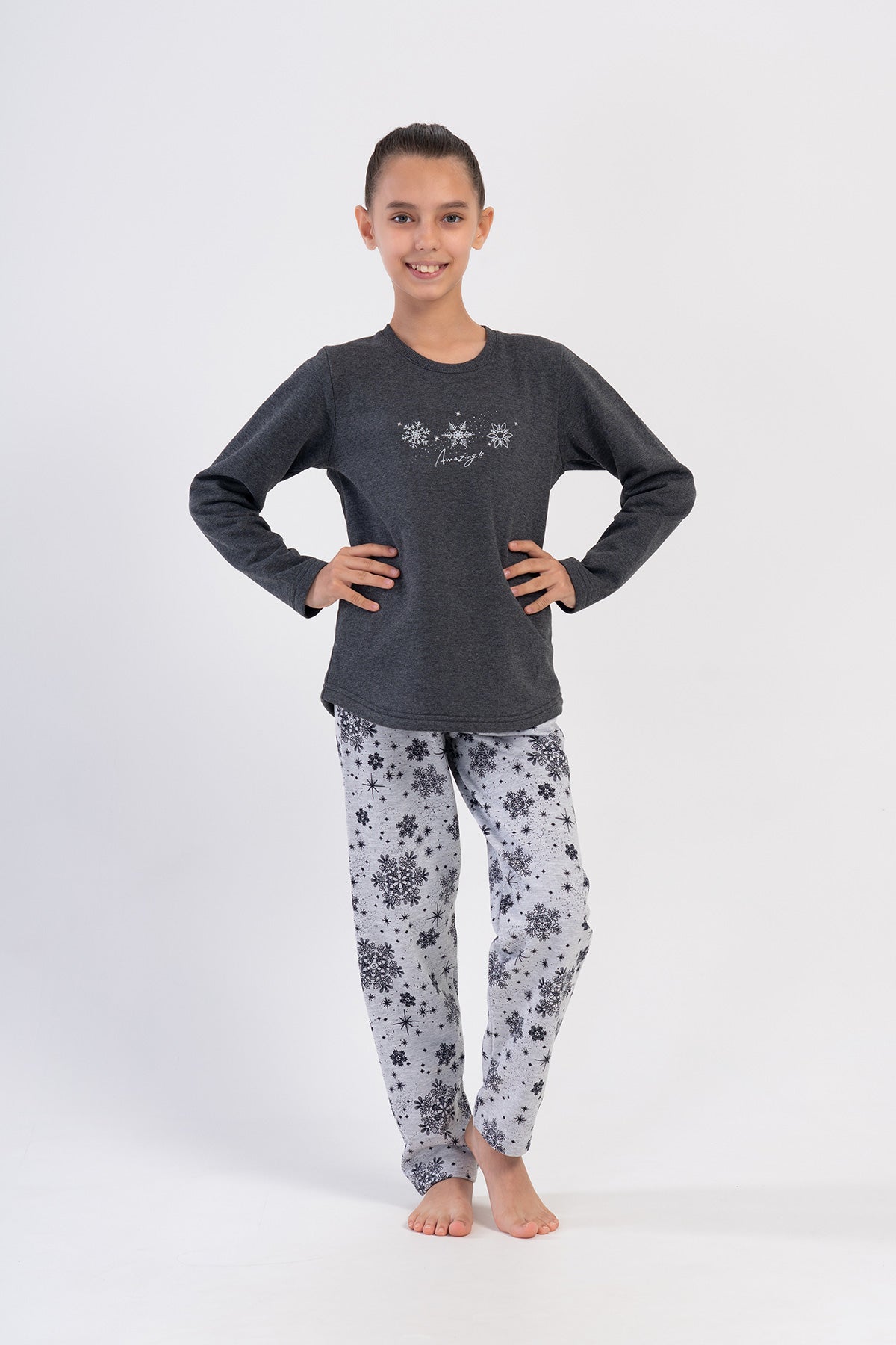 KIZ COCUK 2IPLIK MANSETLI O YAKA UZUN KOL ETEGI OVAL PIJAMA TAKIM(7-8/13-14)