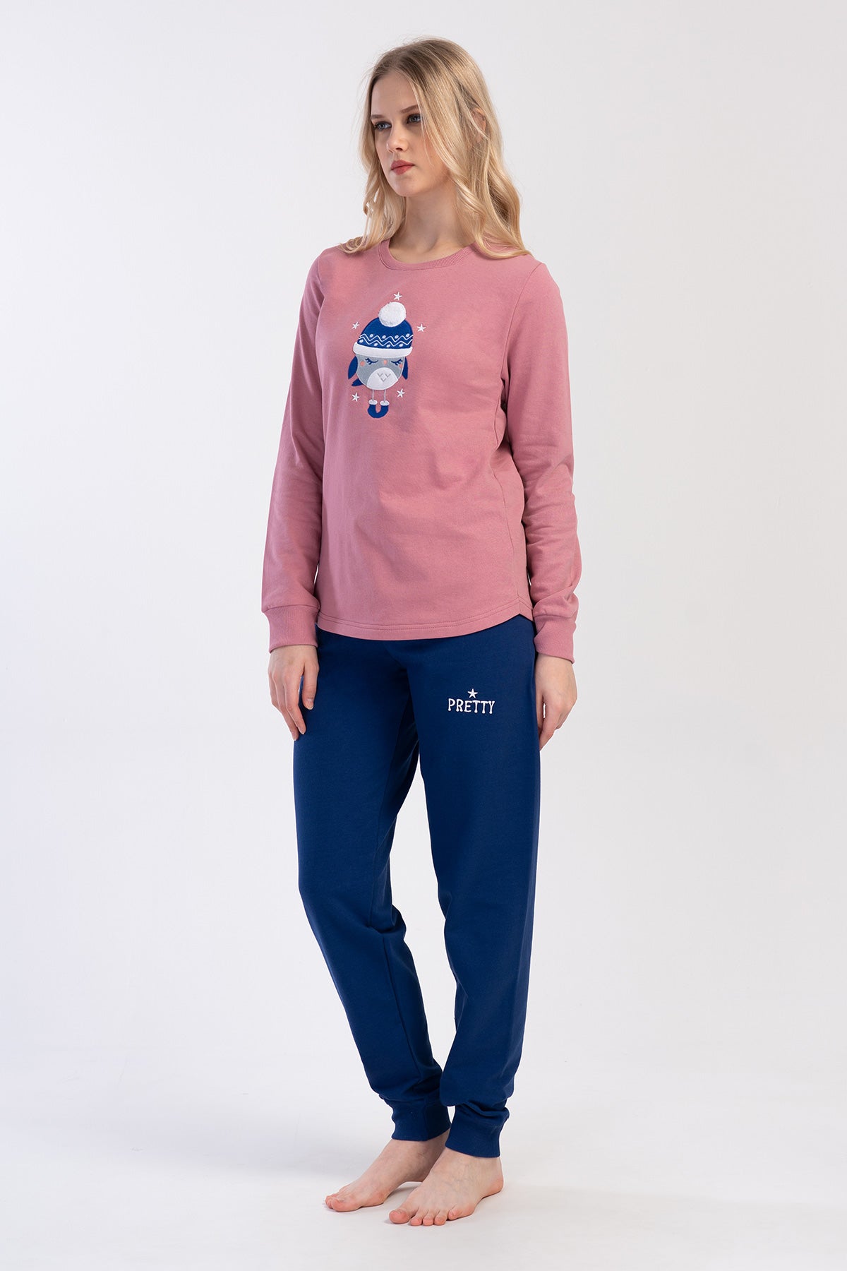 KADIN 2IPLIK O YAKA UZUN KOL ETEGI OVAL MANSETLI PIJAMA TAKIM