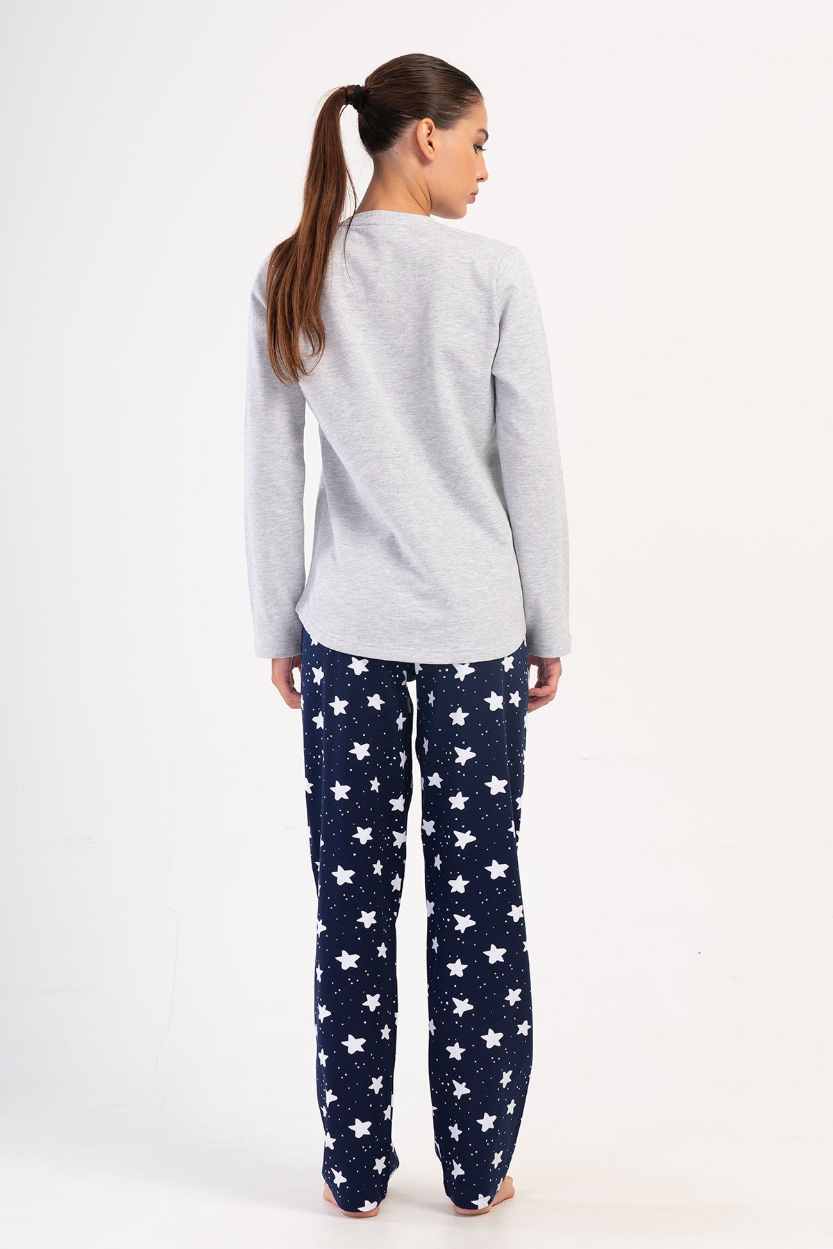 KADIN 2IPLIK O YAKA UZUN KOL ETEGI OVAL PIJAMA TAKIM