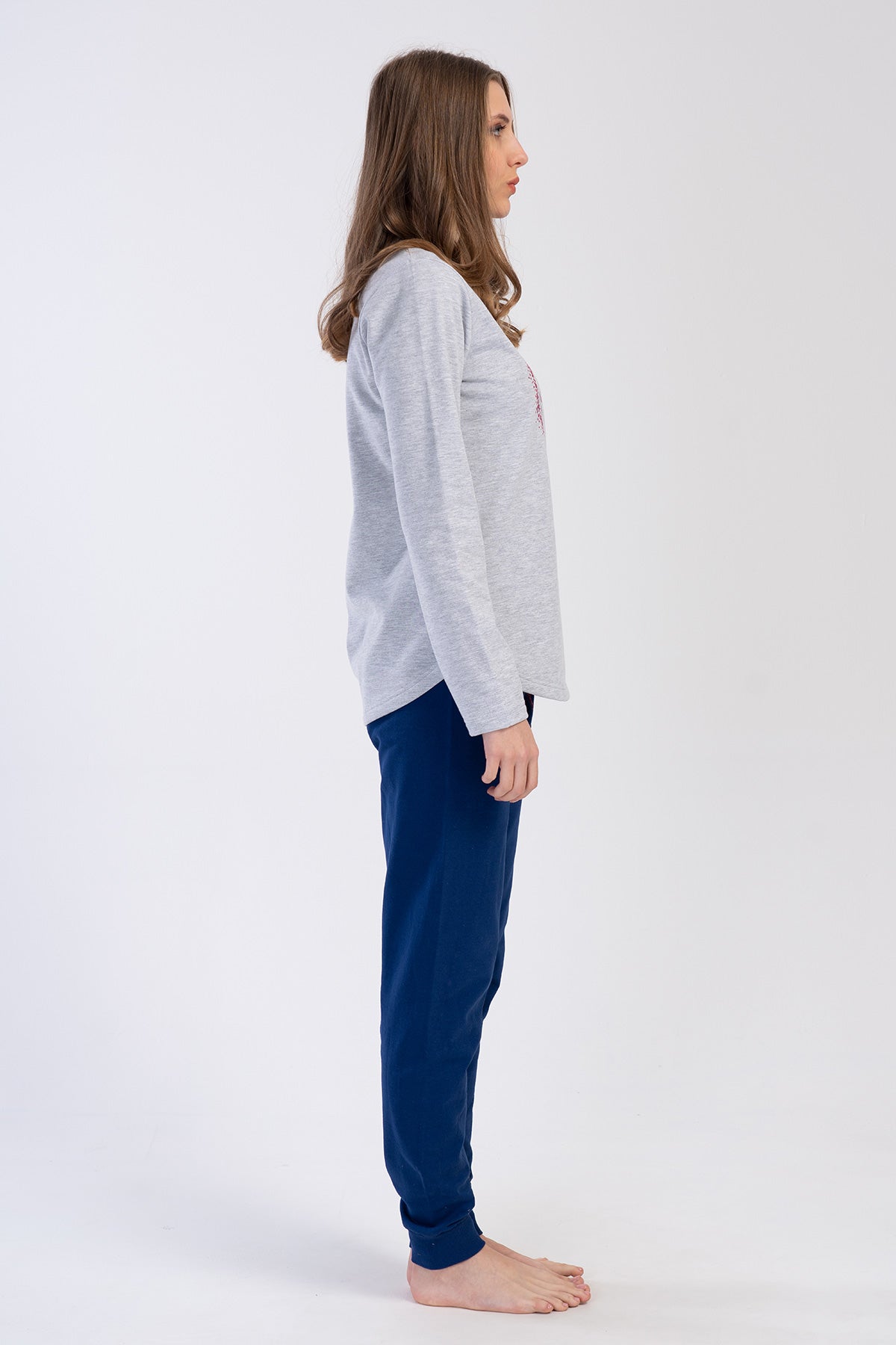 KADIN 2IPLIK O YAKA UZUN KOL ETEGI OVAL MANSETLI PIJAMA TAKIM