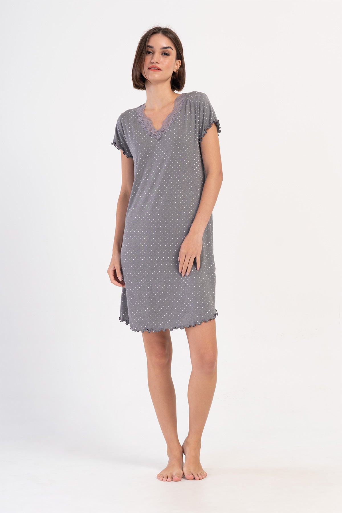 KADIN VISCON XXL V YAKA DANTELLI BIBILALI KISA KOL ETEGI OVAL TUNIK