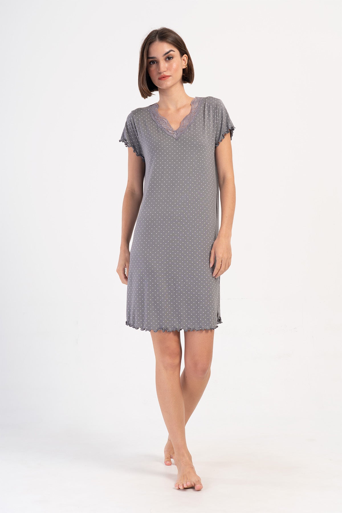 KADIN VISCON V YAKA DANTELLI BIBILALI KISA KOL ETEGI OVAL TUNIK