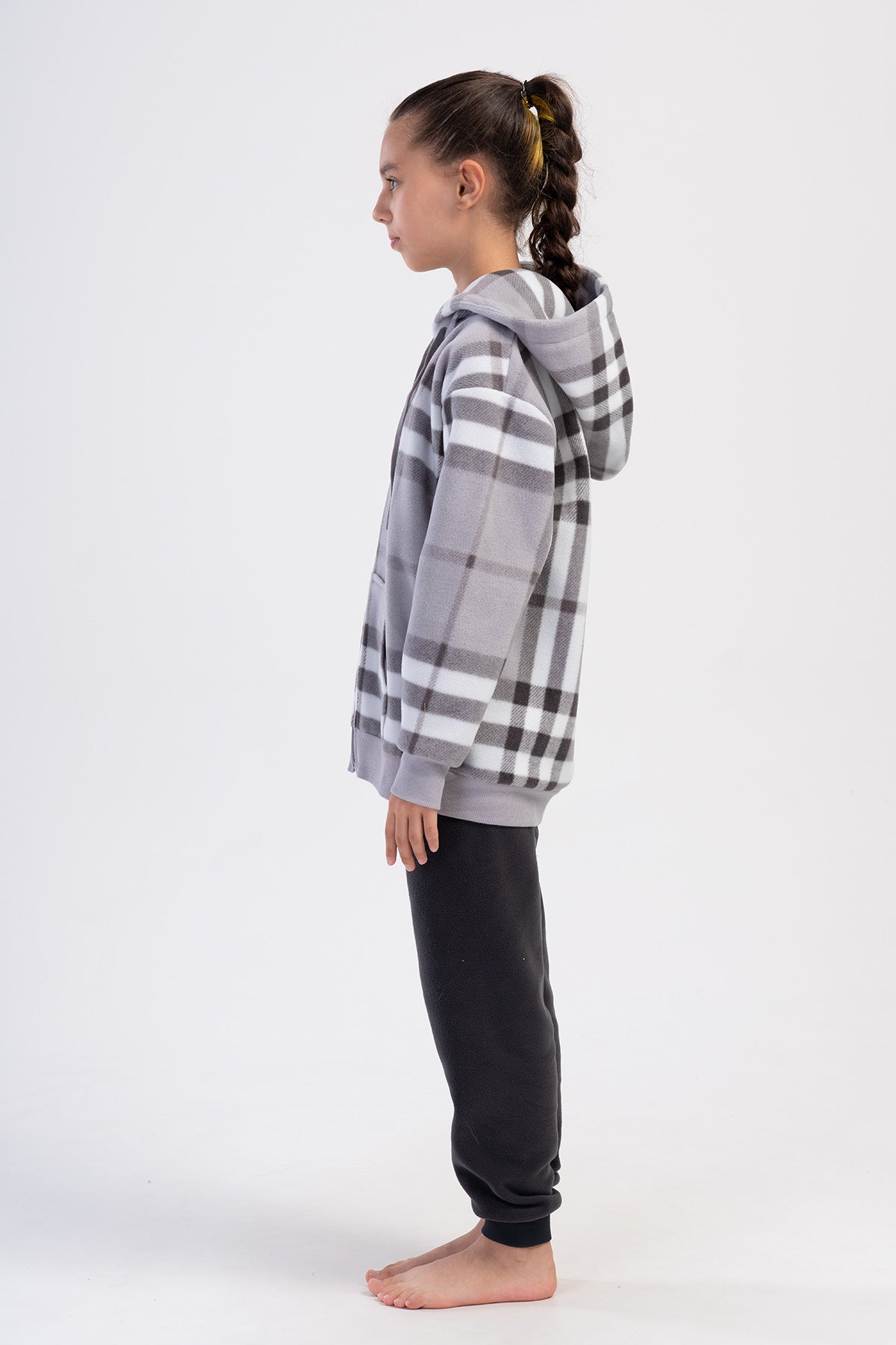 KIZ COCUK POLAR KAPSONLU DUSUK OMUZLU UZUN KOL FERMUARLI KANGURU CEPLI MANSETLI PIJAMA TAKIM(9-10/15-16)