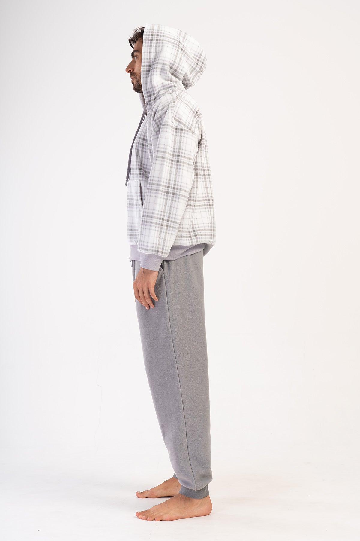 ERKEK POLAR KAPSONLU DUSUK OMUZLU UZUN KOL FERMUARLI KANGURU CEPLI MANSETLI PIJAMA TAKIM