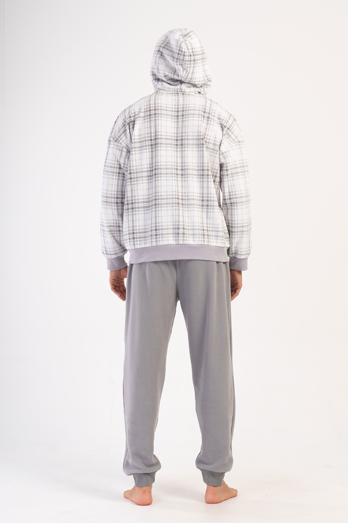 ERKEK POLAR KAPSONLU DUSUK OMUZLU UZUN KOL FERMUARLI KANGURU CEPLI MANSETLI PIJAMA TAKIM