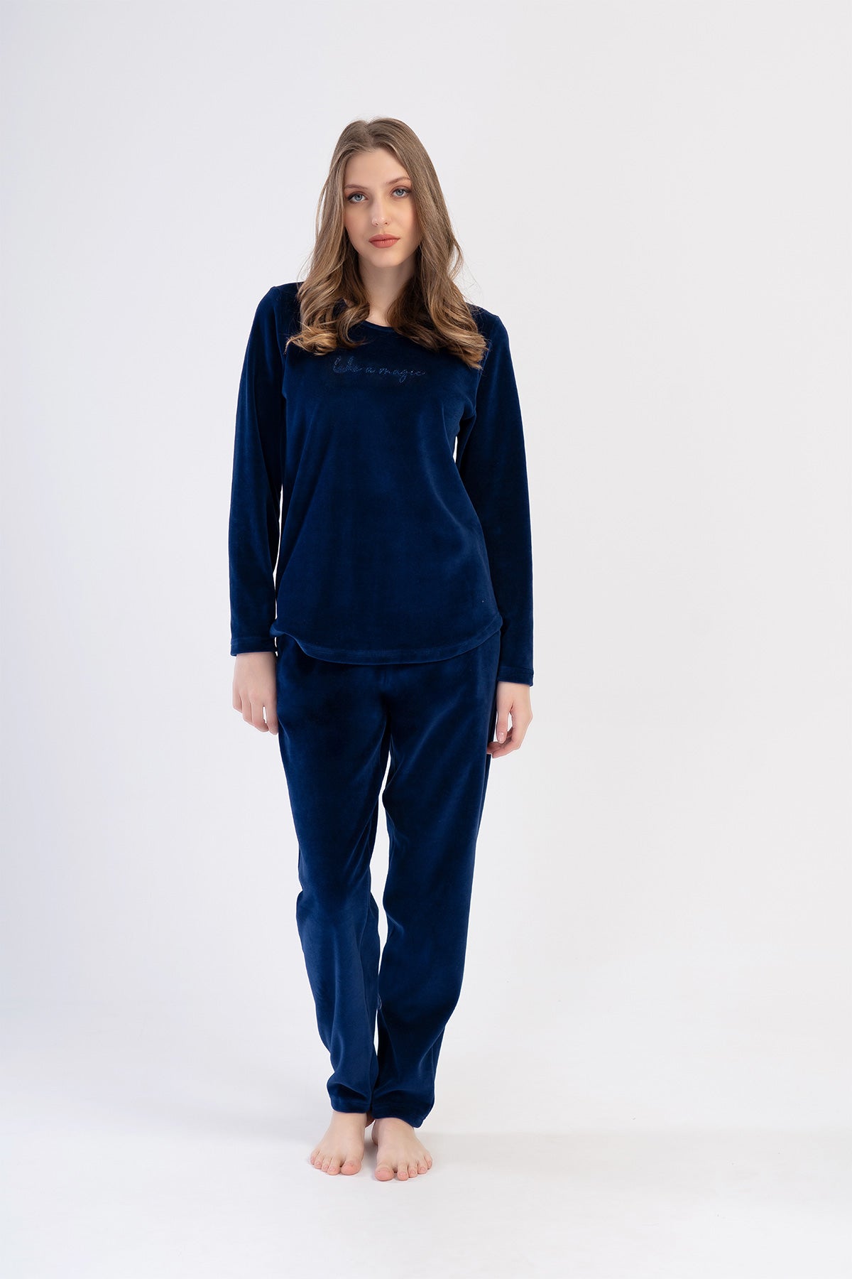 Woman Velvet Indigo Pocket Detail Pyjama Set