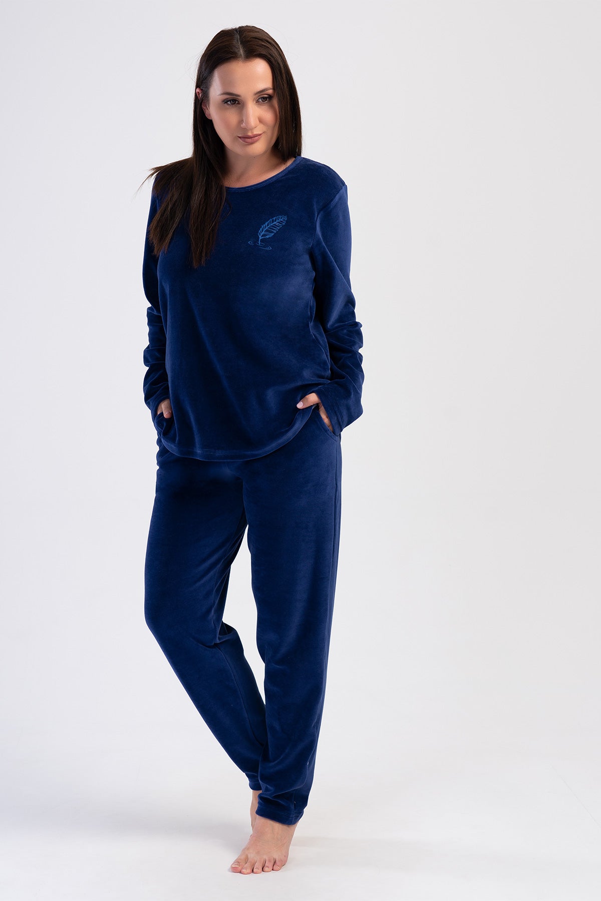Woman Indigo Big Size Velvet Long Sleeve Pyjama Set