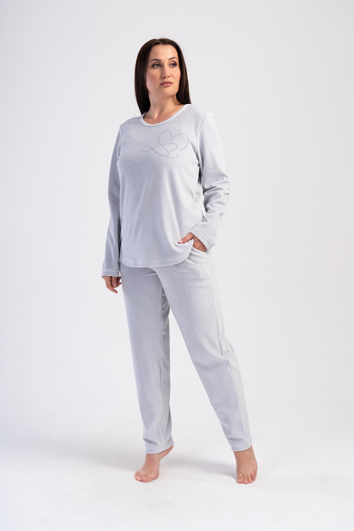 Woman Stone Velvet Big Size Pocket Detail Pyjama Set