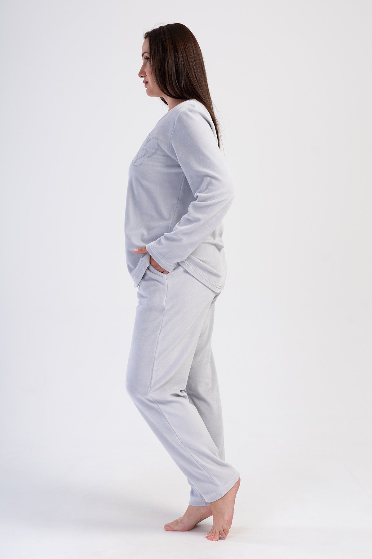Woman Stone Velvet Big Size Pocket Detail Pyjama Set