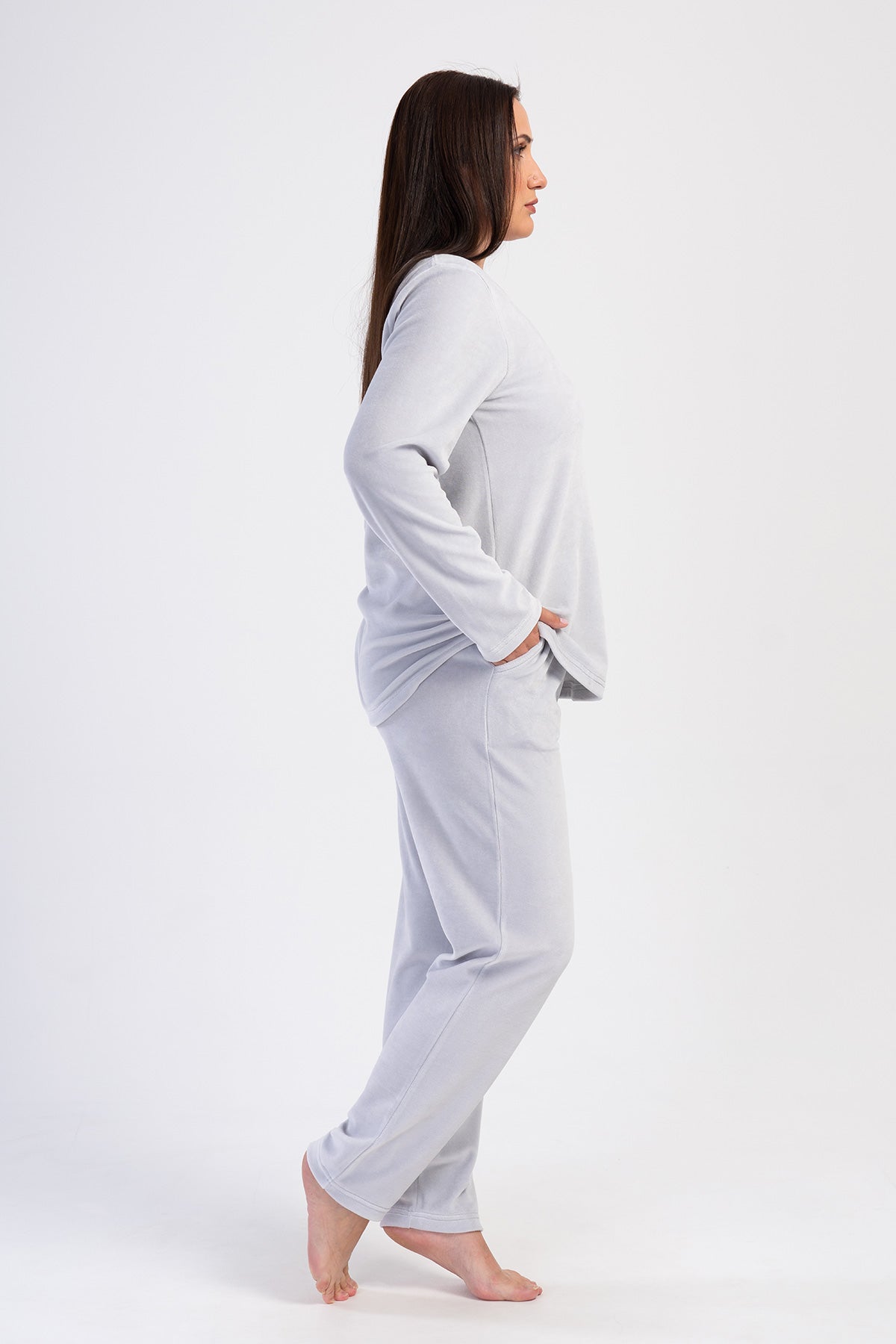 Woman Stone Velvet Big Size Pocket Detail Pyjama Set