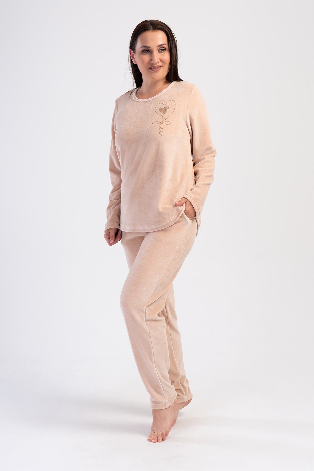 Woman Velvet Beige Pocket Detail Pyjama Set