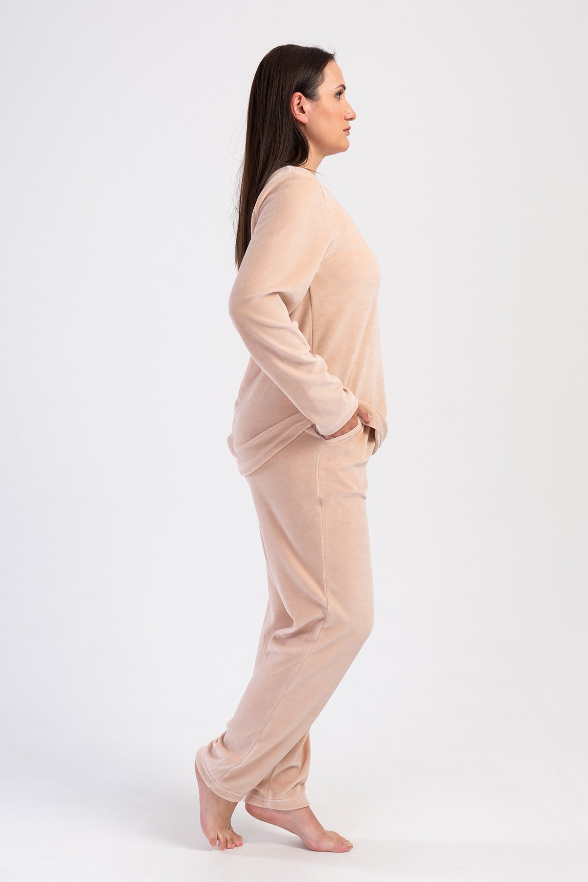 Woman Velvet Beige Pocket Detail Pyjama Set