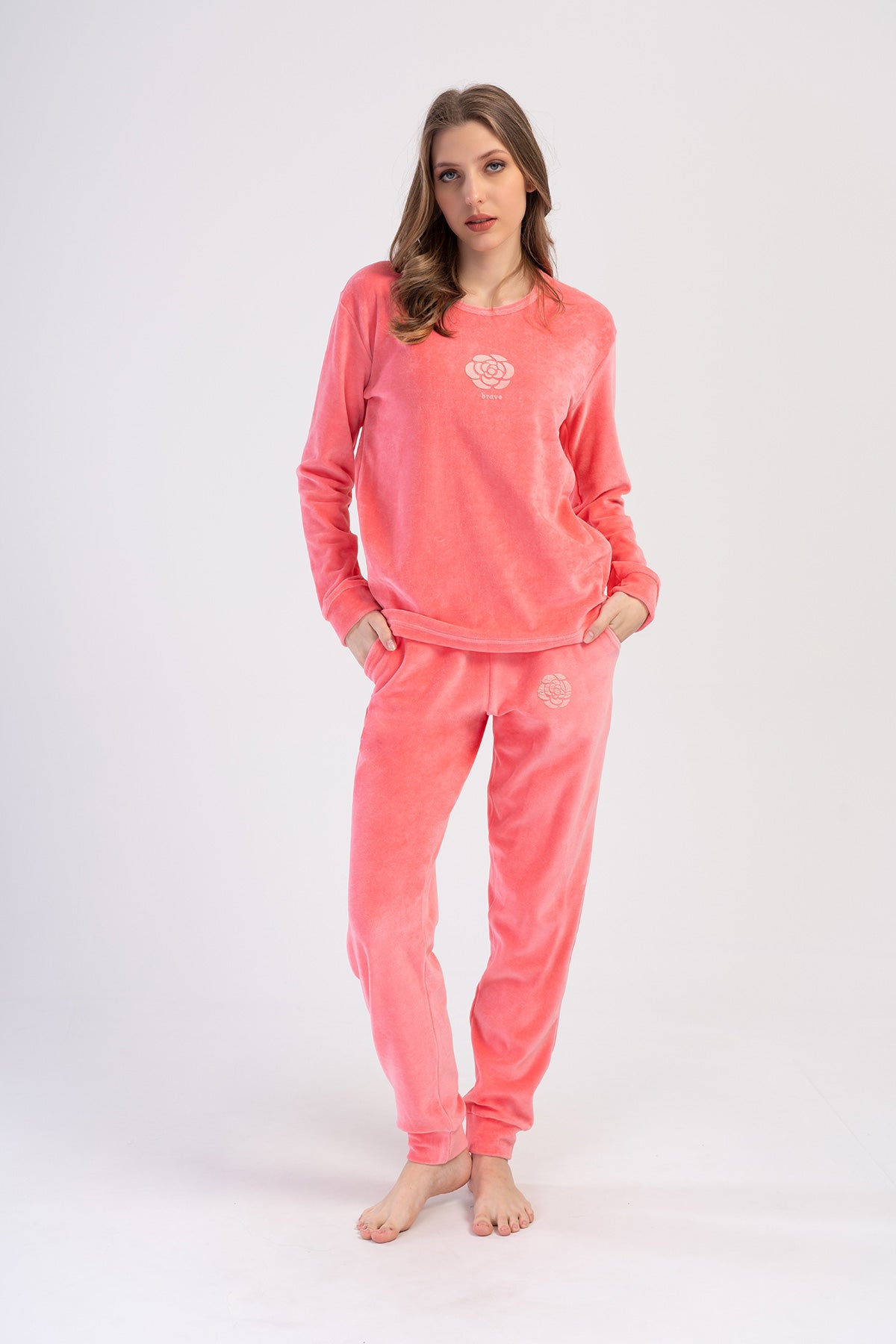Woman Cotton Pink Velvet Pocket Detail Pyjama Set