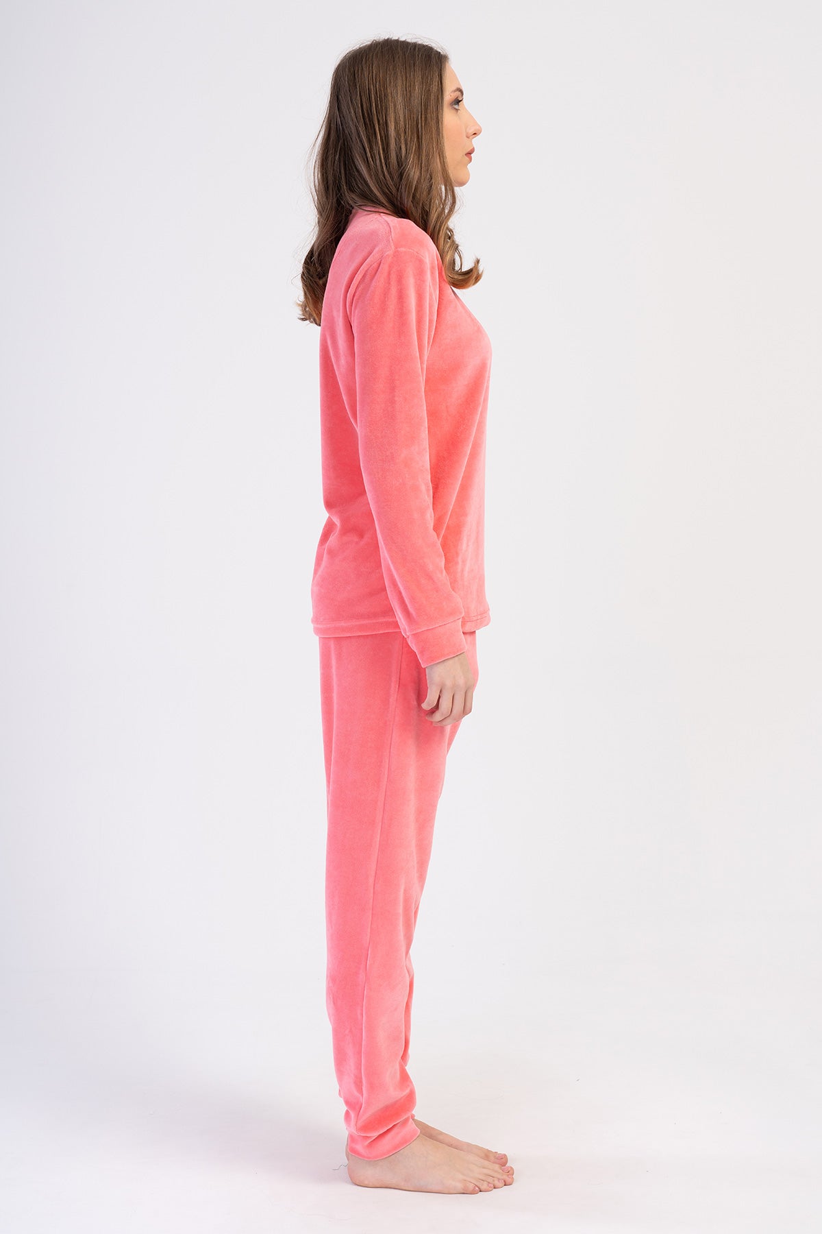 Woman Cotton Pink Velvet Pocket Detail Pyjama Set