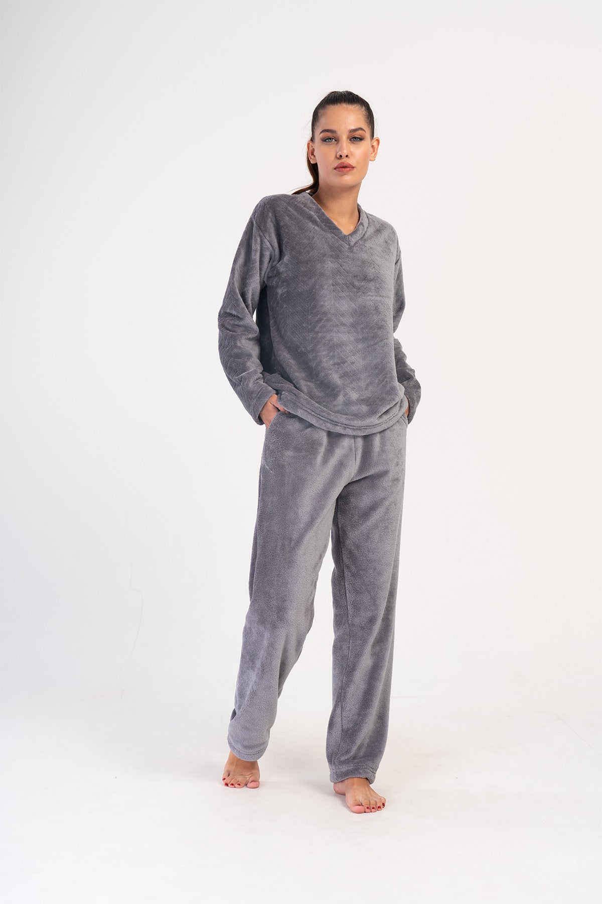 KADIN J.ULTRASOFT O YAKA DUSUK OMUZLU UZUN KOL CEPLI PIJAMA TAKIM