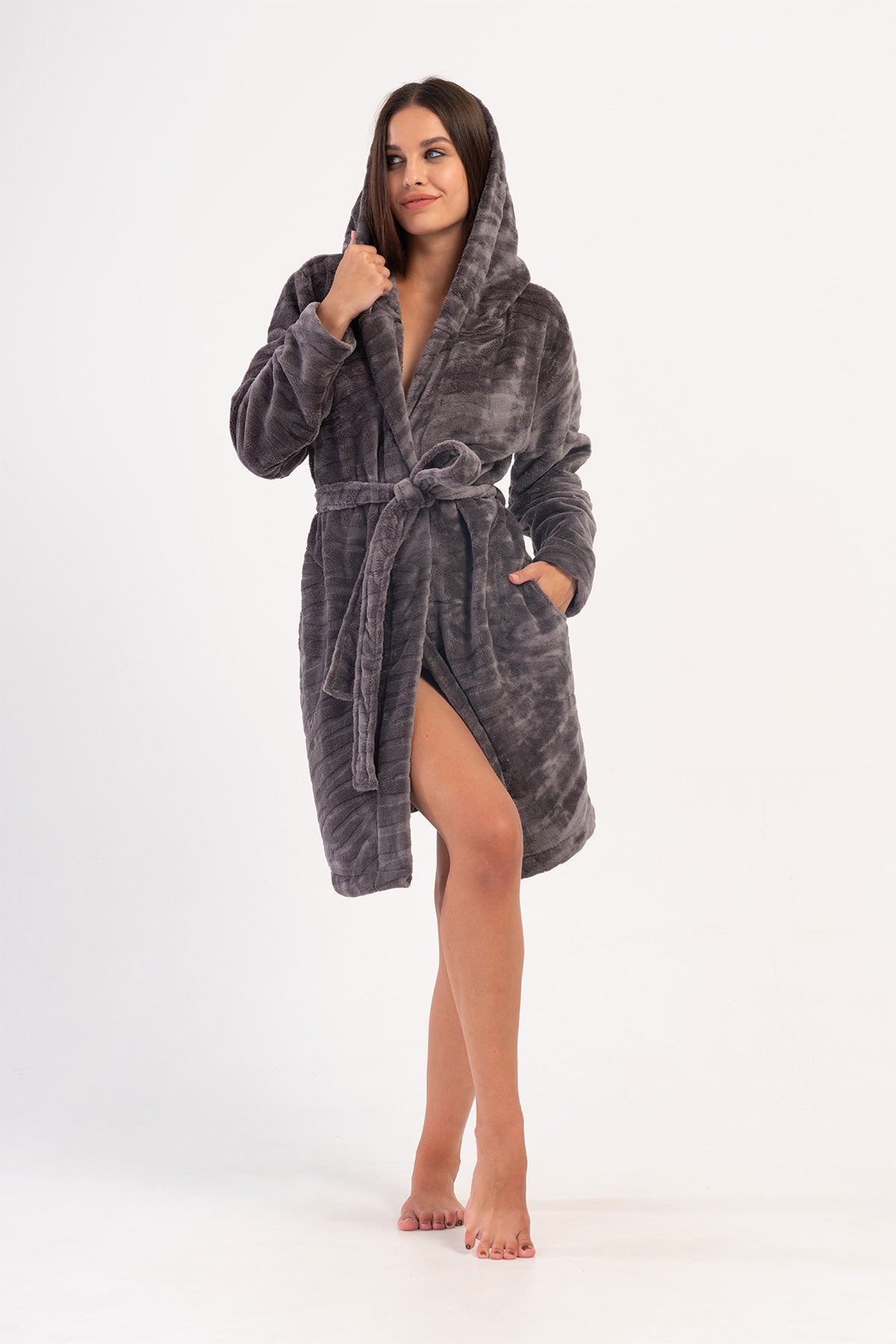 Woman Gray Ultrasoft Hoodie Pocket Detail Dressing Gown