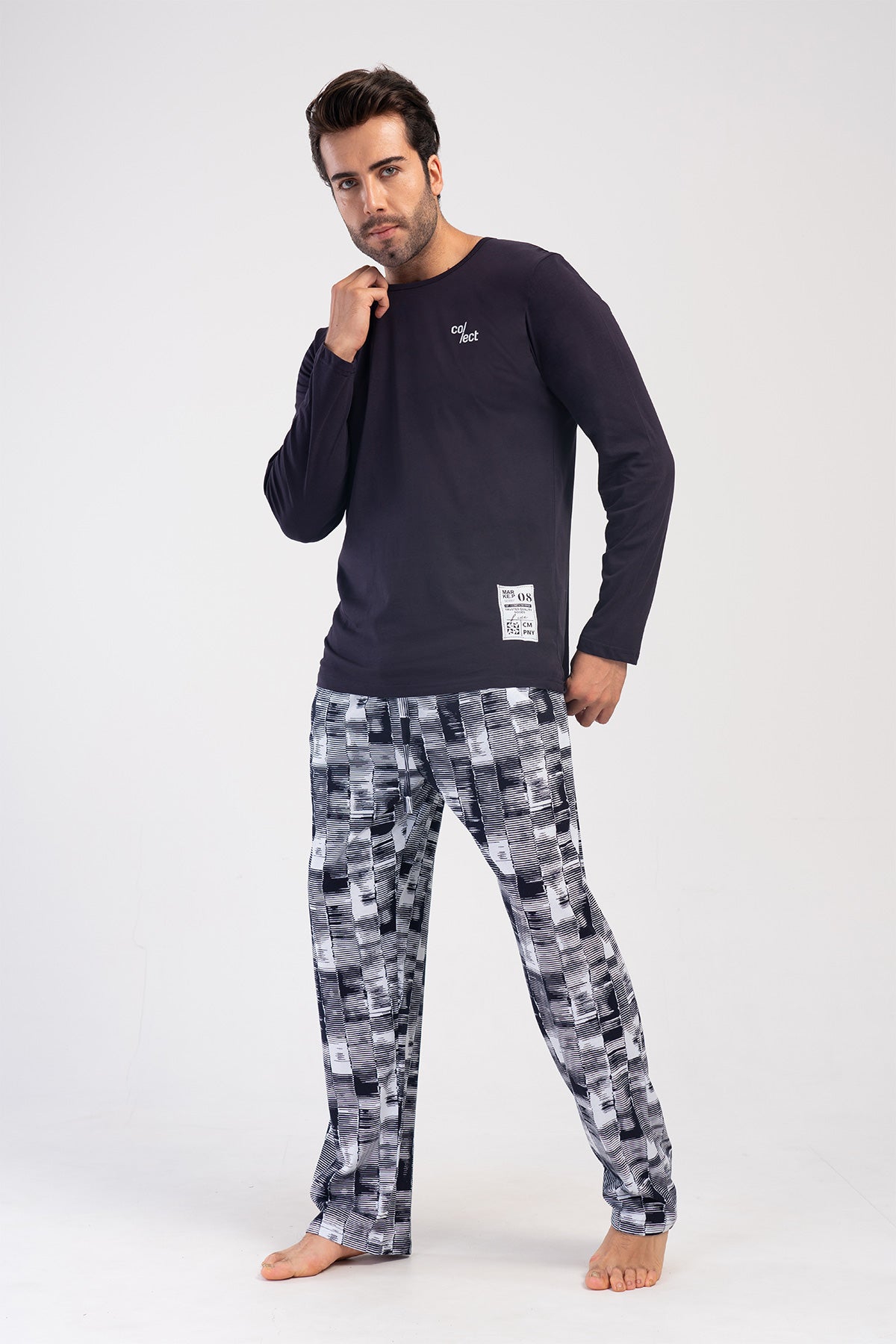 Man Navy Long Sleeve O Neck Pyjama Set