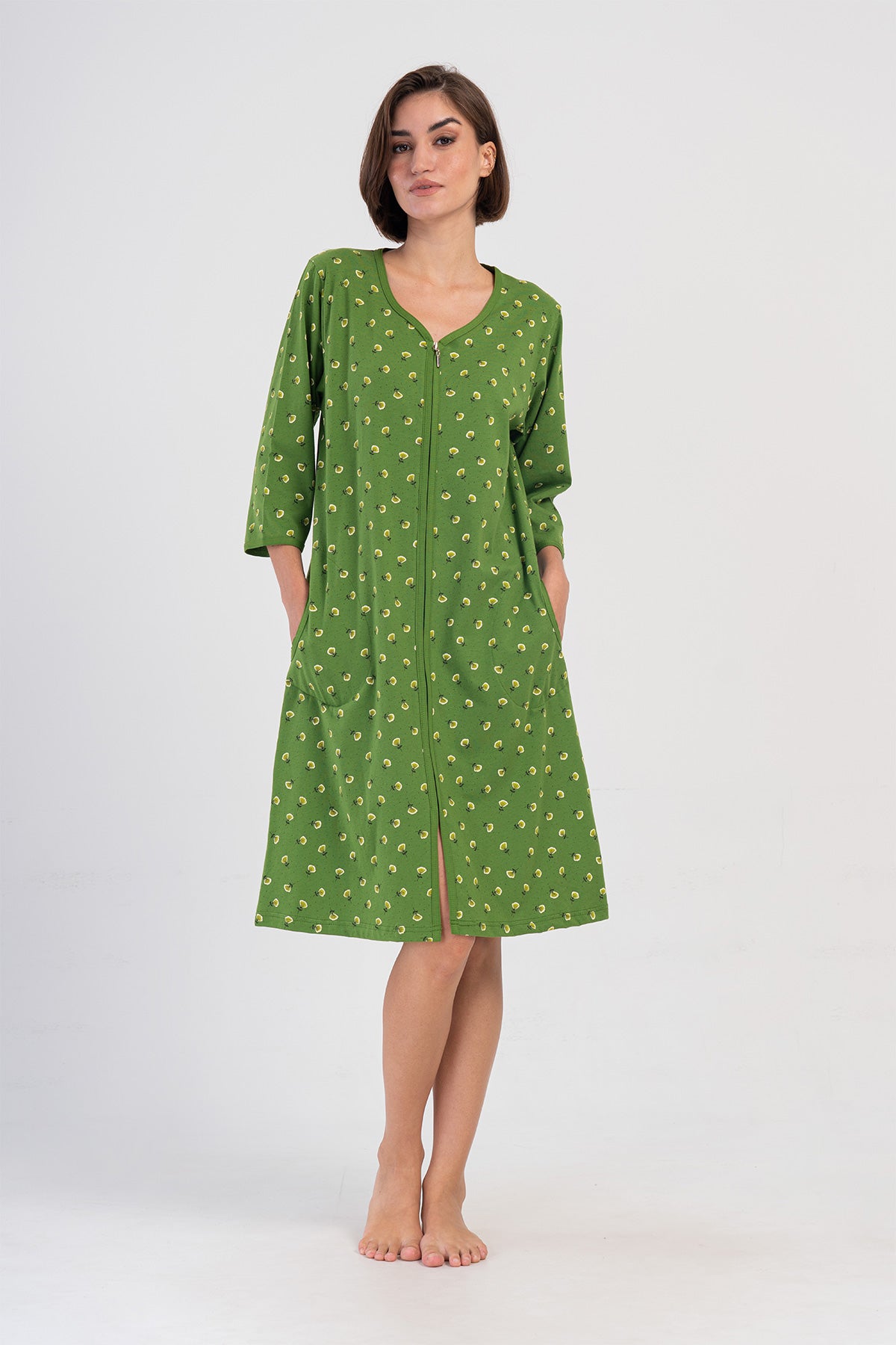 Woman Green Supreme Big Size Zipper & Pocket Detail Home Dress