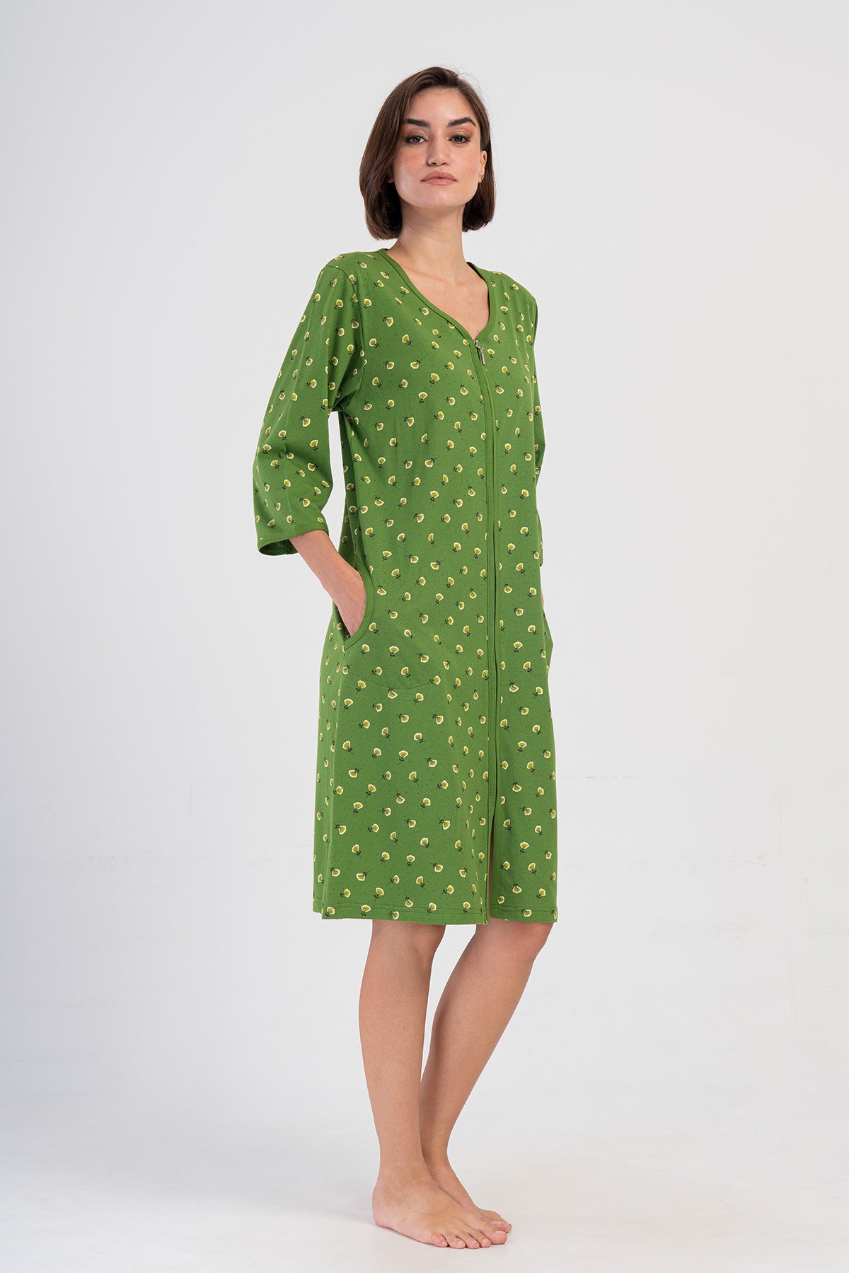Woman Green Supreme Big Size Zipper & Pocket Detail Home Dress