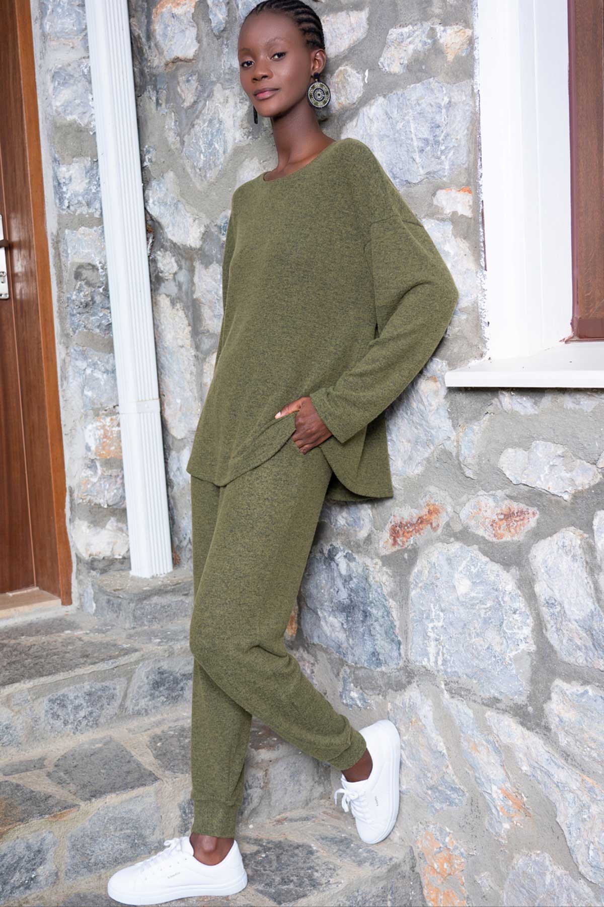 Woman Khaki Full Lycra Low Shoulder Pant Set