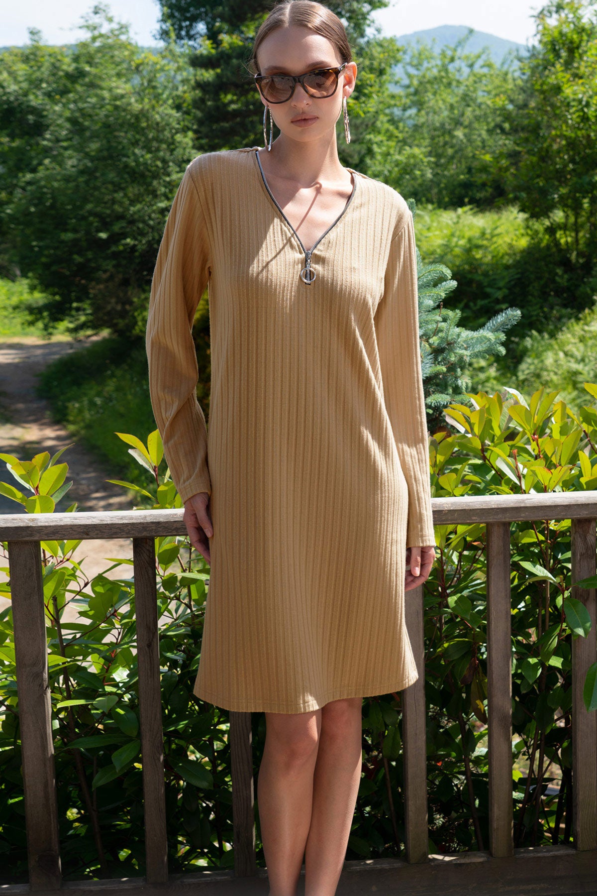 KADIN LYC POLYVISCON KASKORSE FERMUAR YAKALI UZUN KOL ELBISE