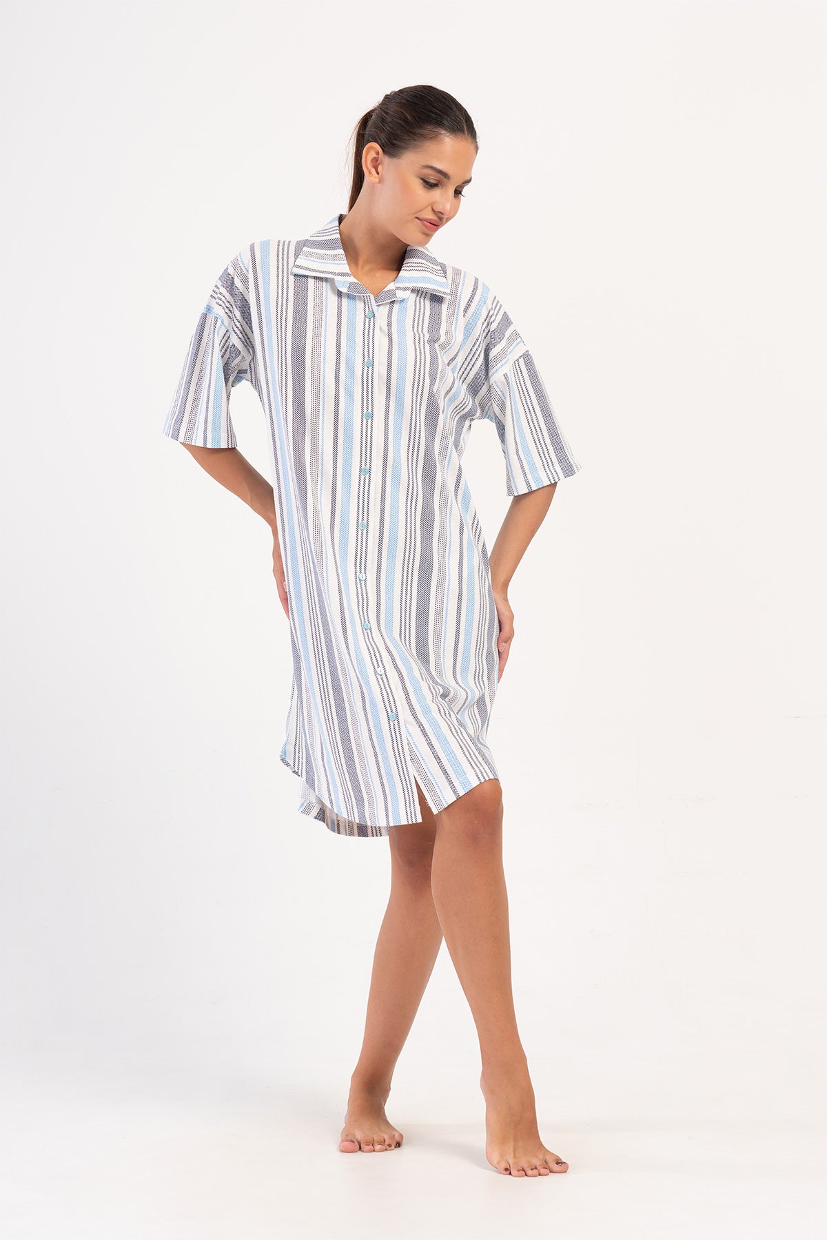 Woman Light Blue Supreme Shirt Neck Narrow Leg Shirt Tunic
