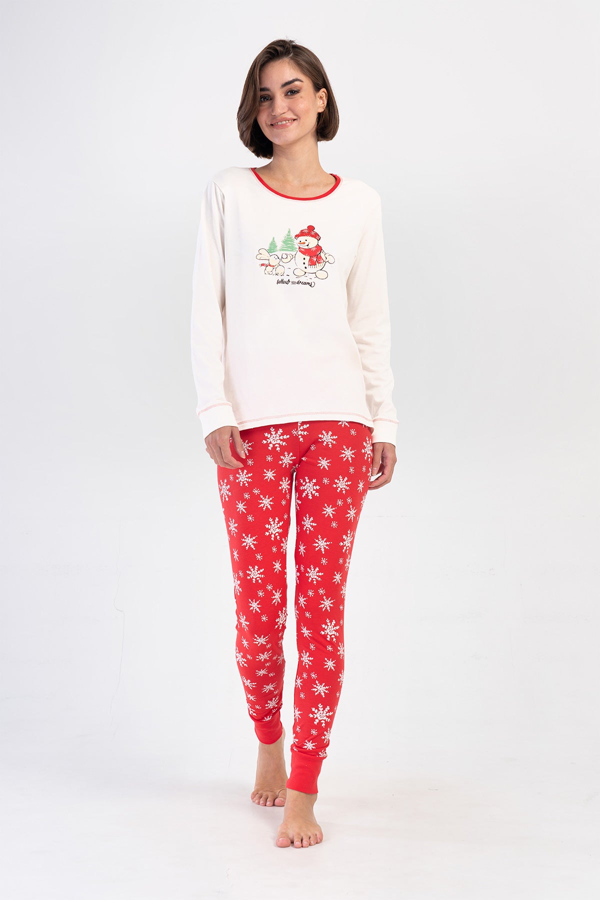 Woman Lycra Supreme Christmas Theme O Neck Long Sleeve Tight Pyjama Set