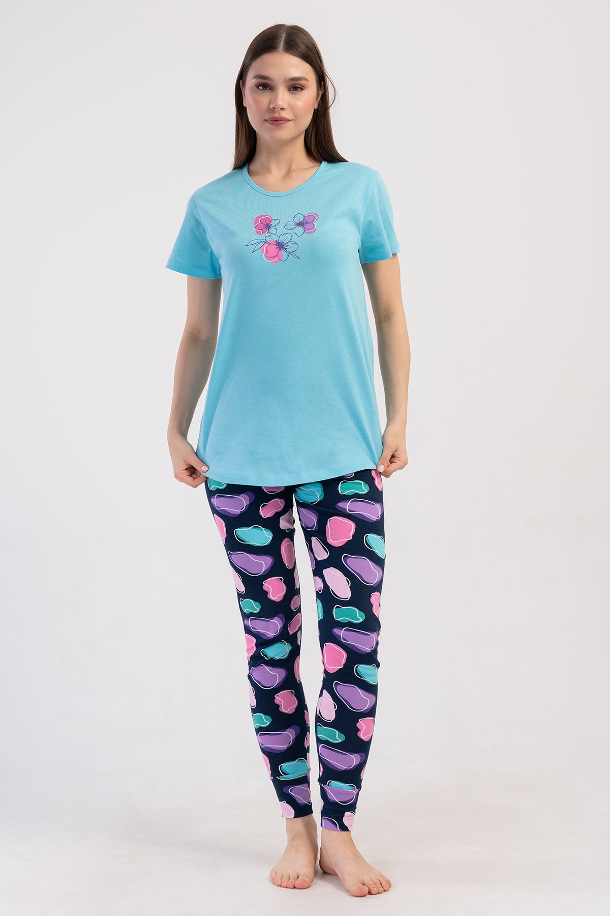 KADIN LYC SUPREM O YAKA KISA KOL BLUZU UZUN ETEGI OVAL MANSETLI TAYT PIJAMA TAKIM